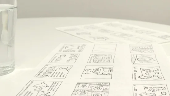 A UX designer in our London studio creating a visual storyboard that depicts a user flow through a game. The storyboard will be used by app developers to create the game.