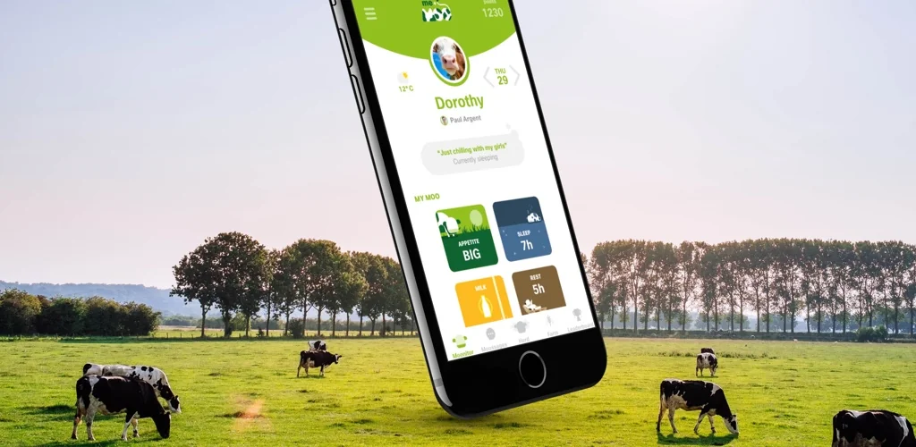 An image of the Me+Moo app logo. We implemented a gamification strategy that promotes sharing, and therefore viral dissemination of the 5G Rural First message and the app itself. This is a fun social app using data from the IoT (Internet of Things) collars of dairy cows in a connected farm. The app allows people to befriend a cow, and to follow her journey for a week.