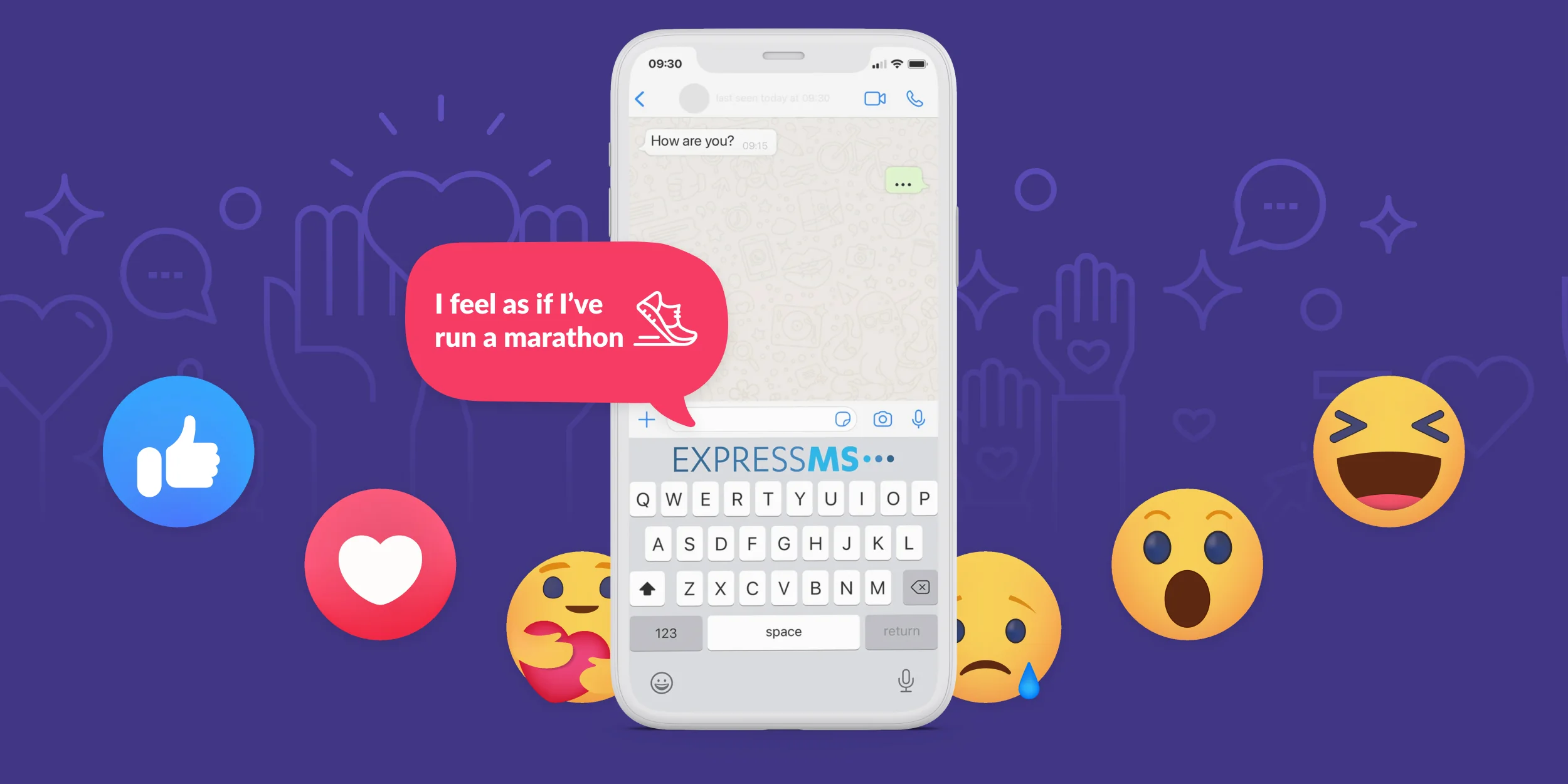 An image depicting ExpressMS - The custom keyboard app for iPhone and Android devices that uses auto-correct functionality to suggest descriptive phrases about what the symptoms of Multiple Sclerosis feel like.