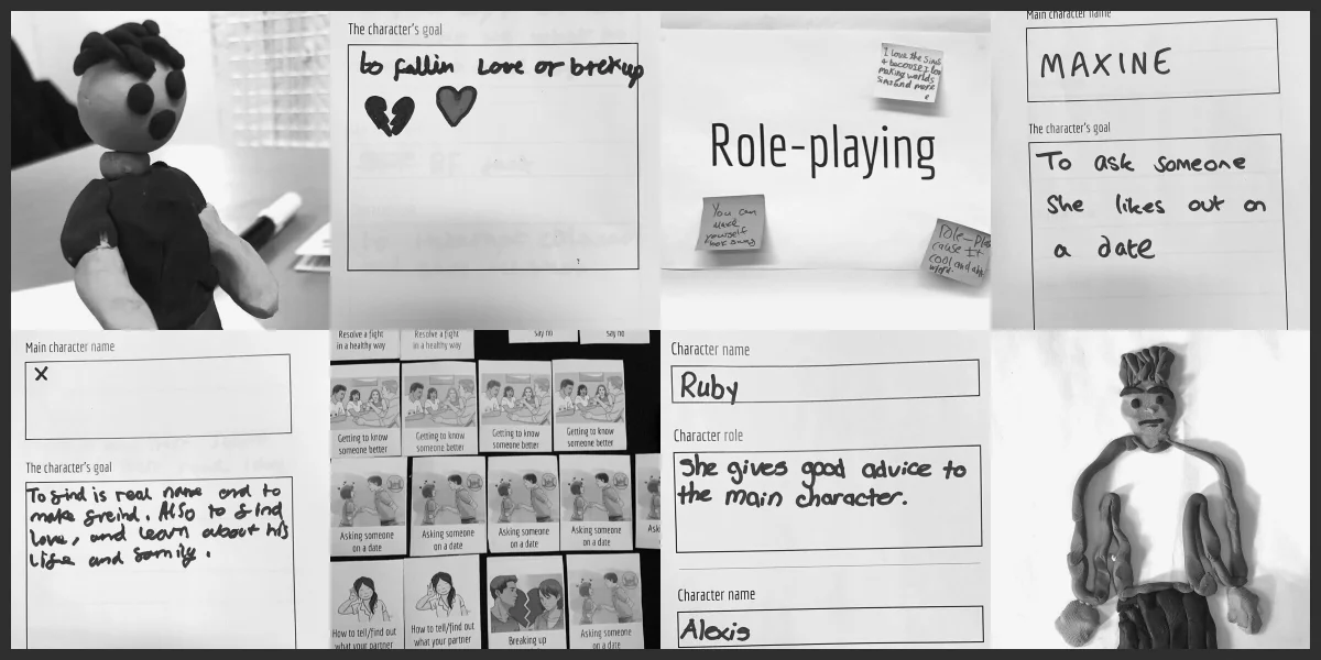 Some of the designs created by young people during the UX and co-design sessions that were conducted  as part of the development of the Relationship Goals Game and App.