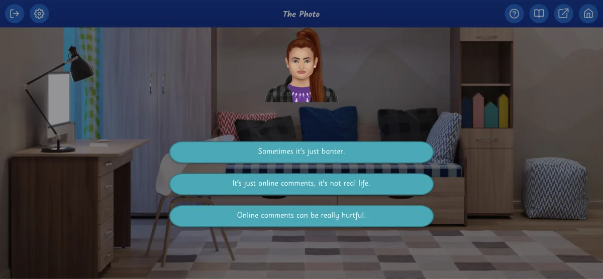 Image showing a menu of decisions available to the user whilst playing the Relationship Goals roleplaying game.