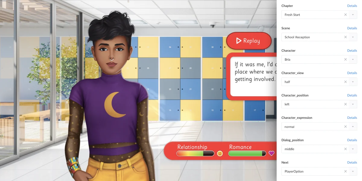 An image showing a panel from the game engine CMS that depicts how non technical users are able to set up scenes in the Relationship Goals game.