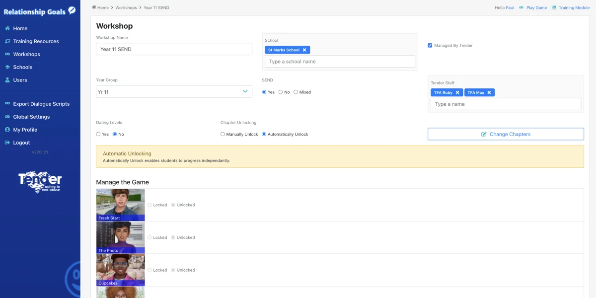 An image showing the schools web application for the Relationship Goals game that enables teachers to set up and run student workshops. Teachers can configure the game to meet the needs of their students.