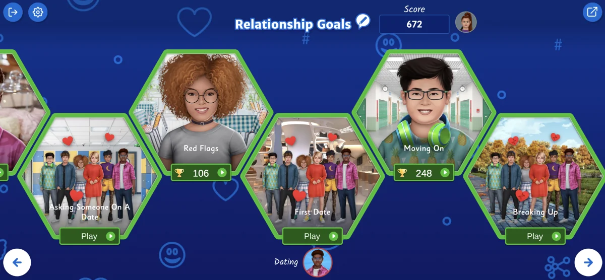An image shows the different chapters available in the game, including the mini levels that allows players to ask someone out on a date, go on a date and break up.  