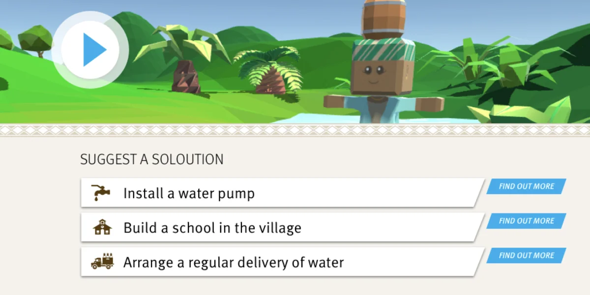 An image depicting the player options panel UI from WaterQuest - A 3D adventure game that we developed for WaterAid