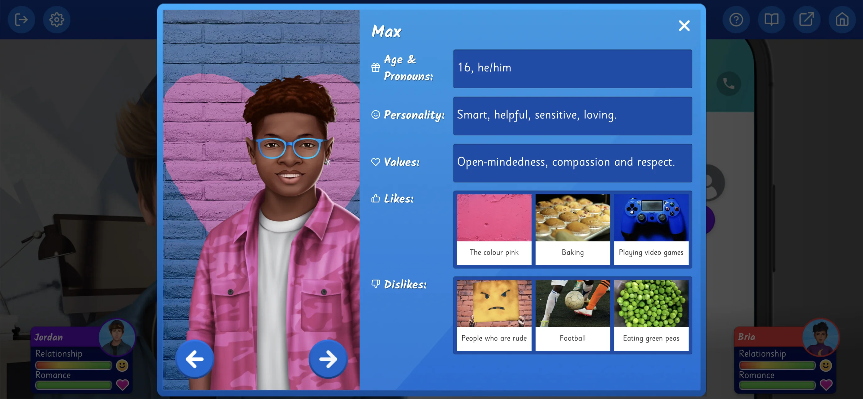 An image showing a character profile from the Relationship Goals game