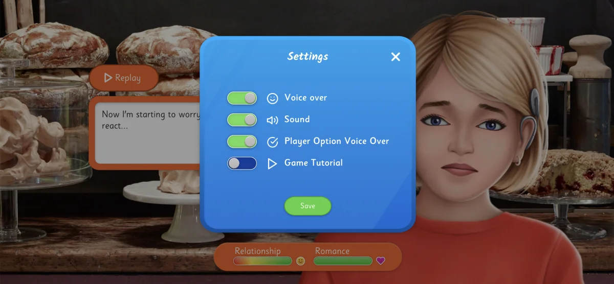 An image showing the settings panel from the Relationship Goals game