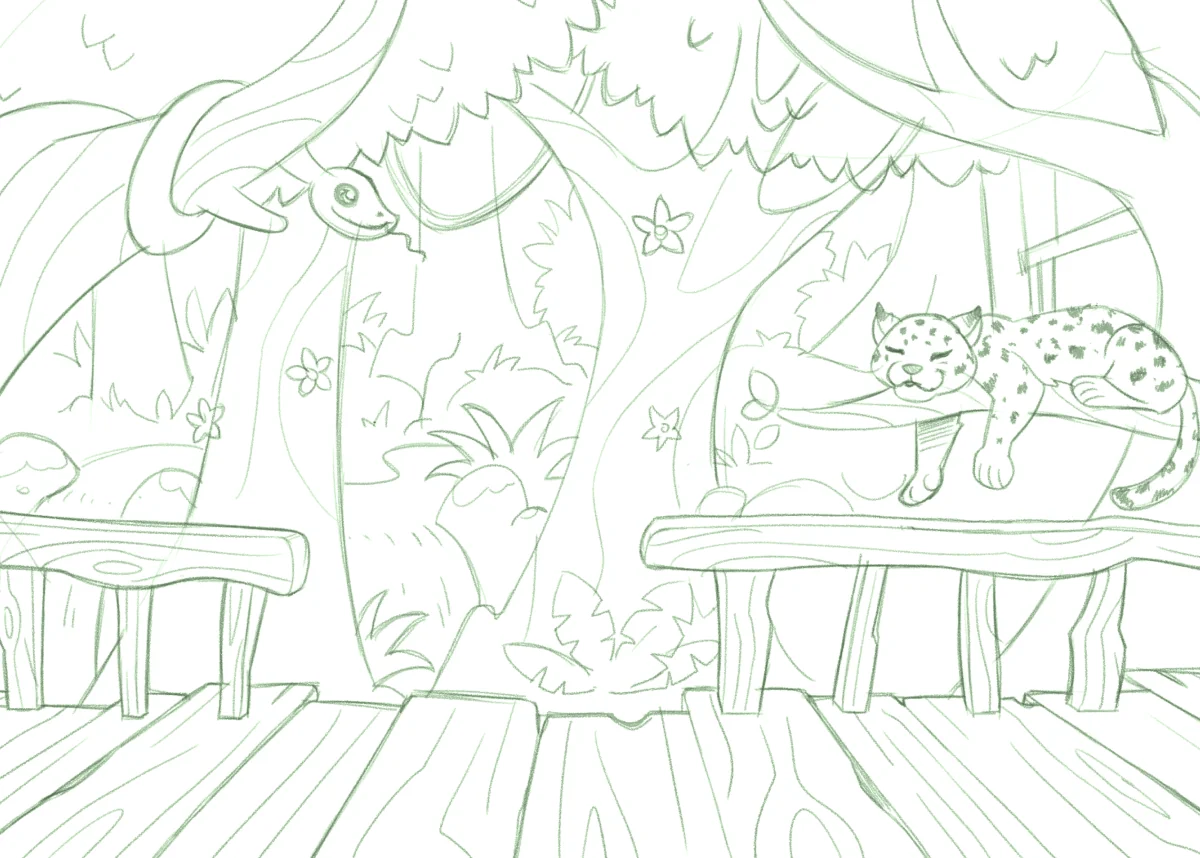 An image showing a preliminary sketch of the jungle theme that we co-designed with children