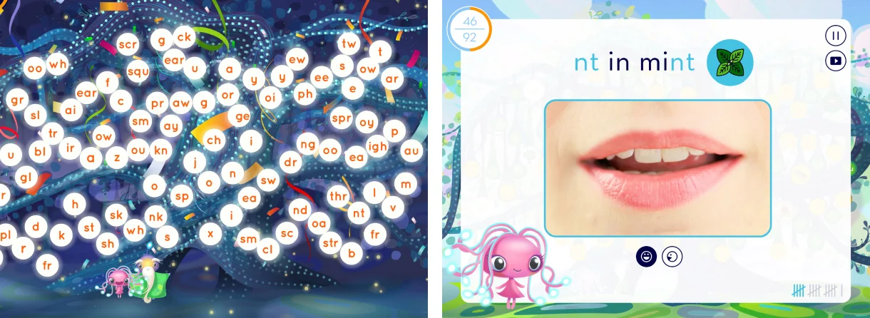 An image showing screenshots from the Sounds English app, an app that teaches kids how to read with synthetic phonics
