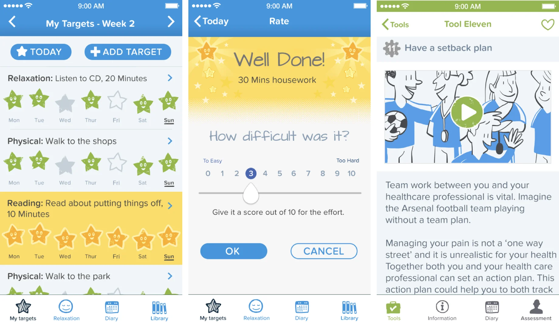 Image showing screens from the Pain Sense app for helping patients manage persistent pain