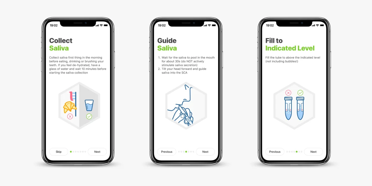 An image depicting the Hormonix mobile app. The Hormonix mobile app is easy-to-use and has been designed to reduce the chance of human error when collecting saliva for hormone analysis. 